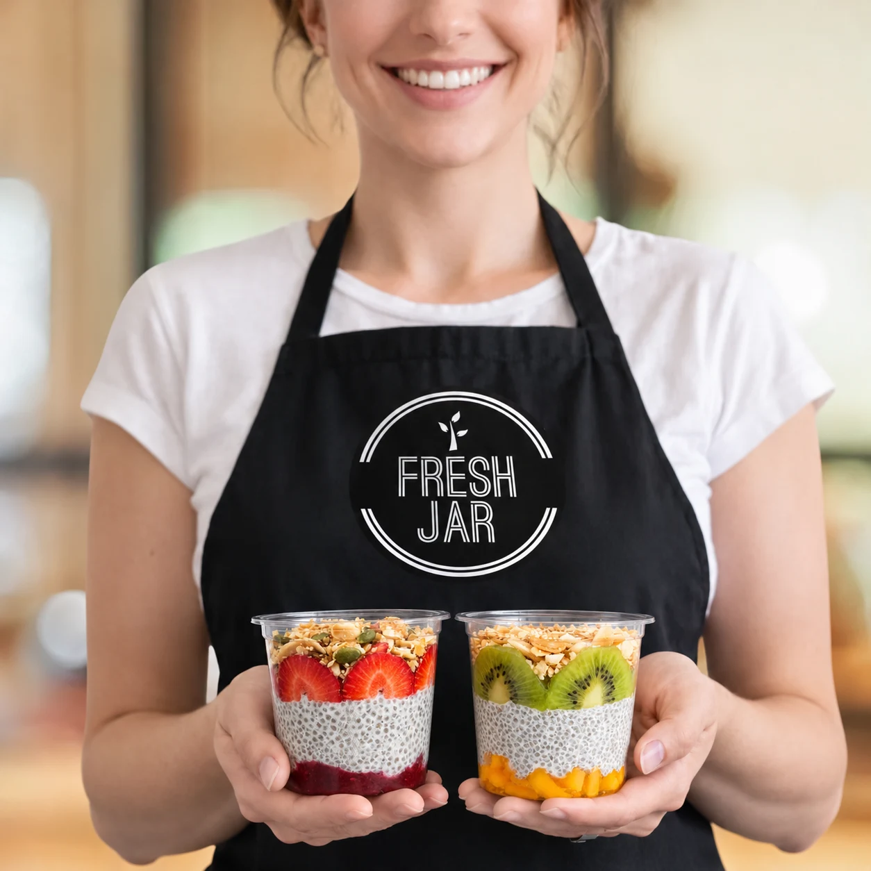 Fundadora de Fresh Jar sosteniendo dos jars